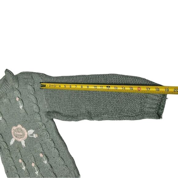 Vintage Shenanigans Knitted by Hand Made Blue Green Knitted Sweater Pink Flowers - Picture 7 of 9